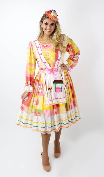 Festa Junina Vestido pamonha salm�o rosa amarelo